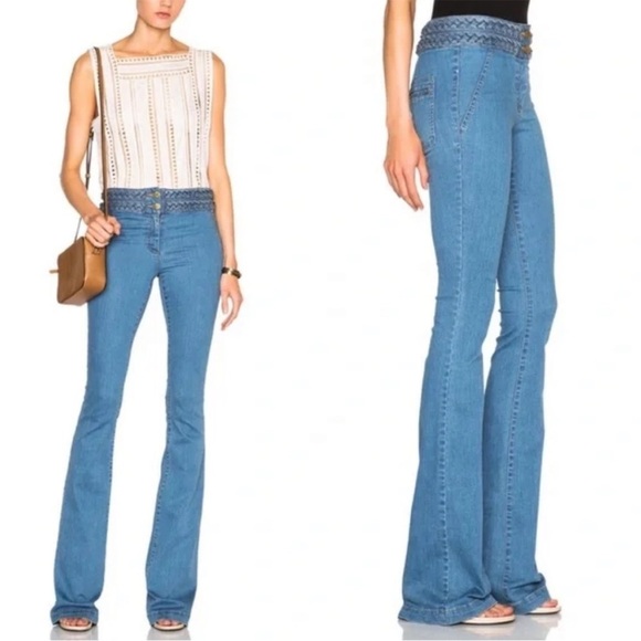 Veronica Beard Biscayne Braided-Waist Boot-Cut Jeans - Picture 1 of 15